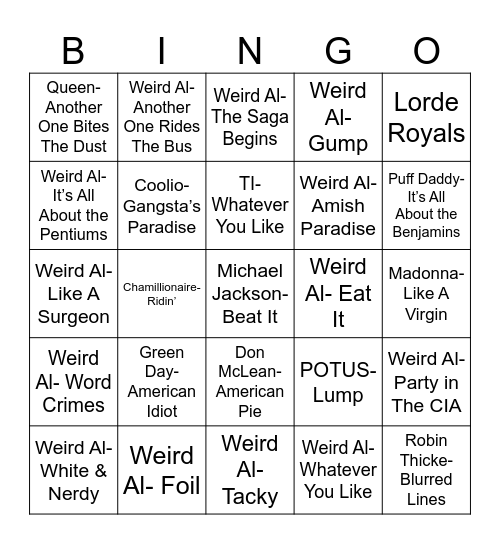 Radio Bingo Weird Al Bingo Card