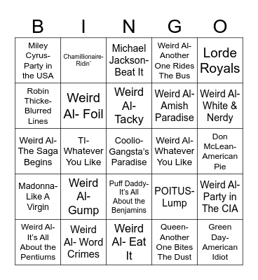 Radio Bingo Weird Al Bingo Card