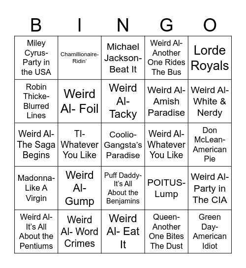 Radio Bingo Weird Al Bingo Card