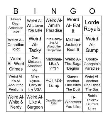 Radio Bingo Weird Al Bingo Card
