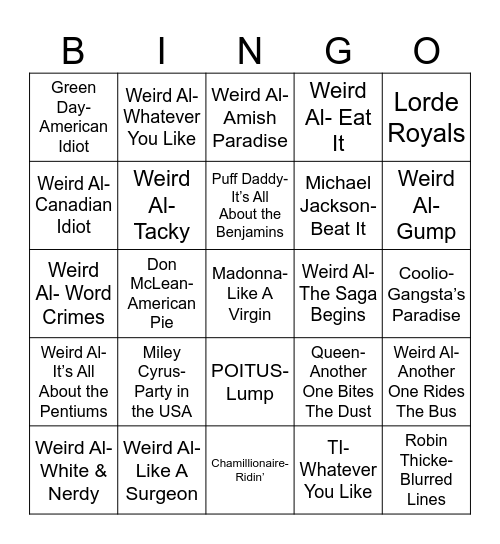 Radio Bingo Weird Al Bingo Card