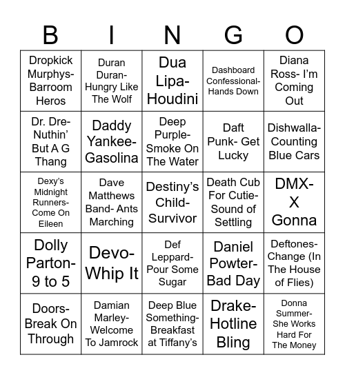 Radio Bingo "D" Songs Bingo Card