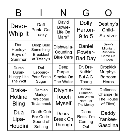 Radio Bingo "D" Songs Bingo Card