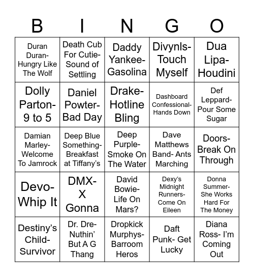 Radio Bingo "D" Songs Bingo Card