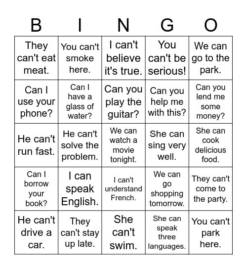 Can or Can't Bingo Card