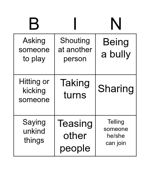 Friendly Unfriendly Bingo Card