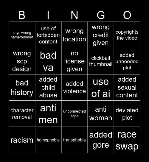 SCP Content Farm Sins Bingo Card