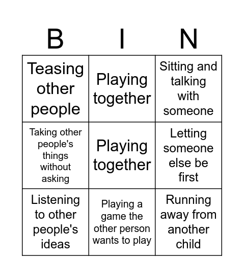 Friendly Unfriendly Bingo Card