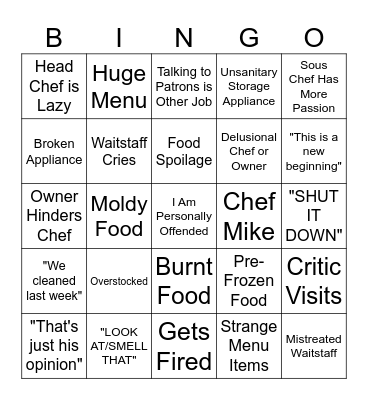 Kitchen Nightmares Bingo Card