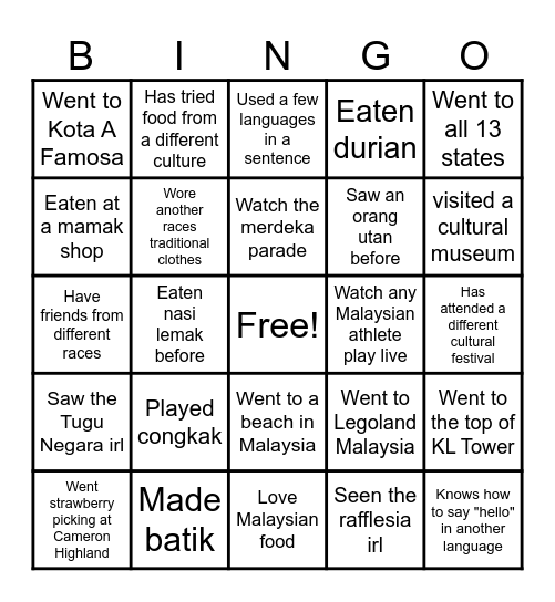 Malaysian Bingo Card