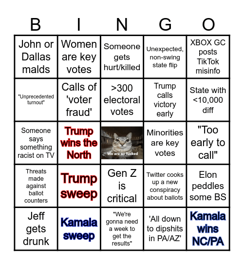 2024 US Election Night Bingo Card