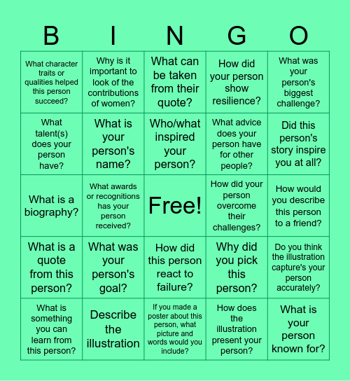 Biography Bingo Card