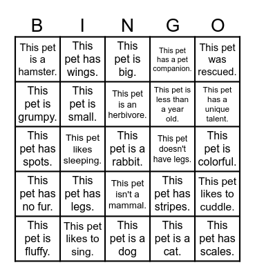 PETS! Bingo Card