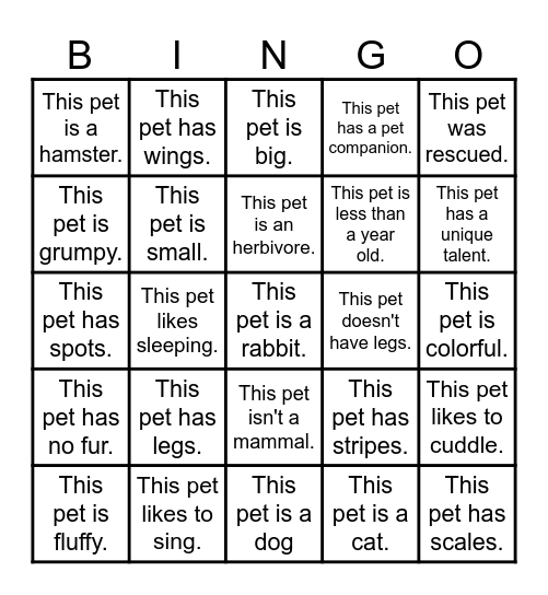 PETS! Bingo Card