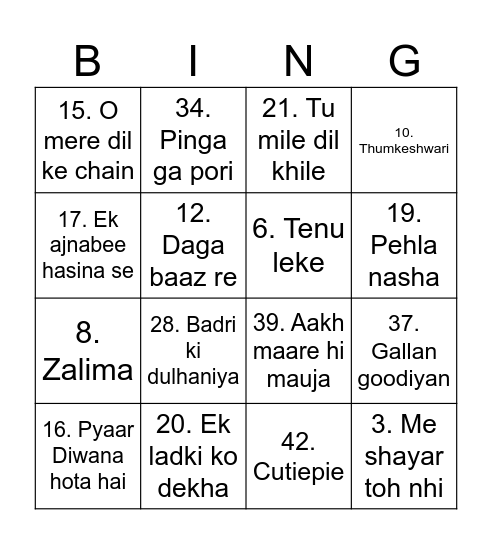 SONGS Bingo Card