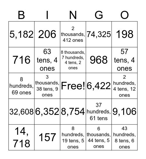 Renaming Numbers Bingo Card