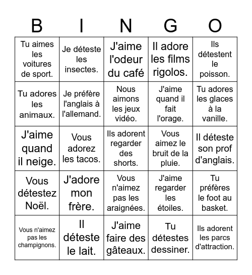 LES PREFERENCES Bingo Card