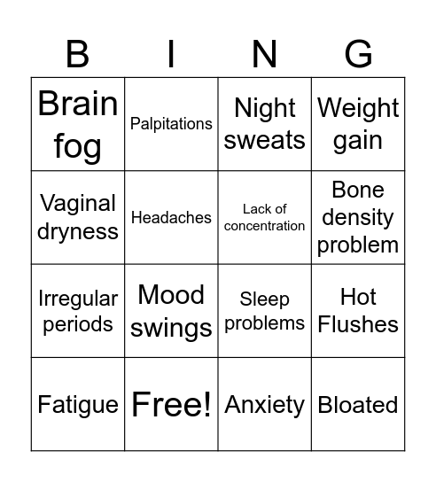 Menopause Bingo Card