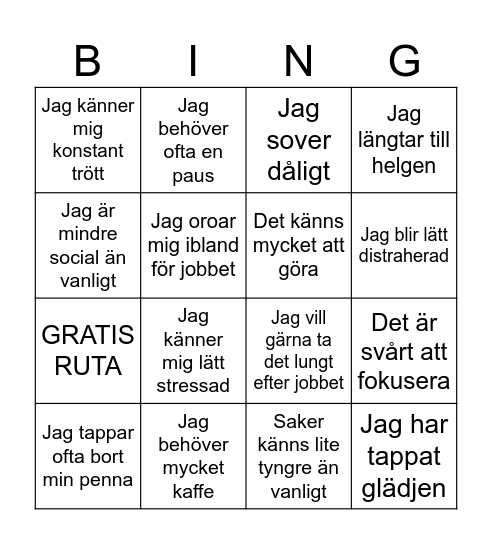 Trötthet i arbetet Bingo Card