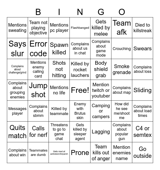 Ryan Plays COD Bingo Card