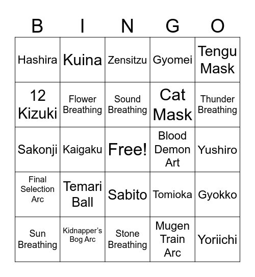 Demon Slayer Bingo Card