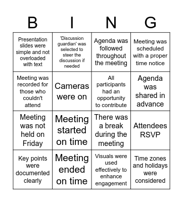 AliMeeting Etiquiette Bingo Card