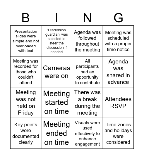 AliMeeting Etiquiette Bingo Card