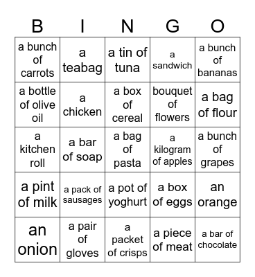 Supermarket shopping Bingo Card