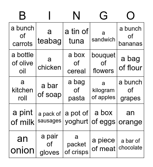 Supermarket shopping Bingo Card