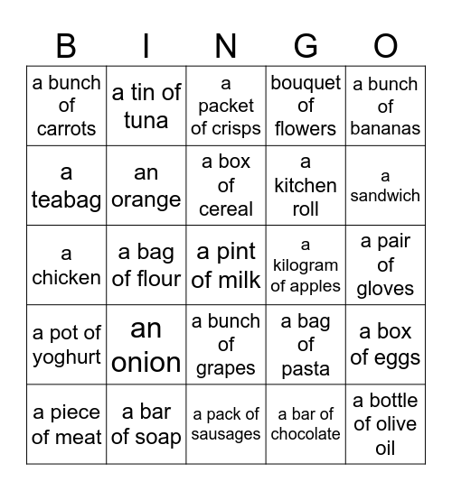 Supermarket shopping Bingo Card