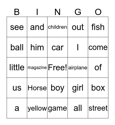 Edmark Words Bingo Card