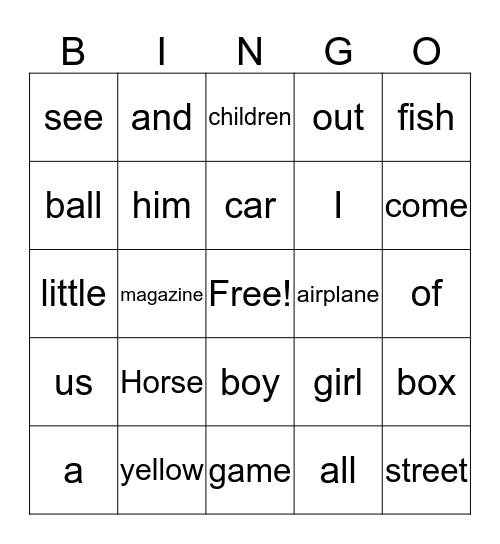 Edmark Words Bingo Card
