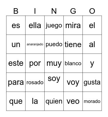 Spanish sight words Bingo Card
