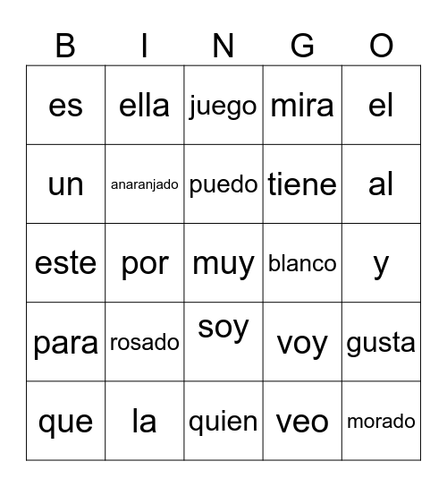 Spanish sight words Bingo Card