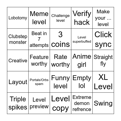 Geometry Dash Bingo Card