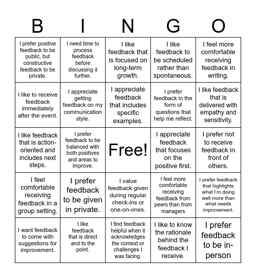 Feedback Preferences Bingo Card