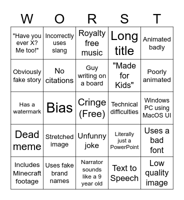 Videos played in class Bingo Card
