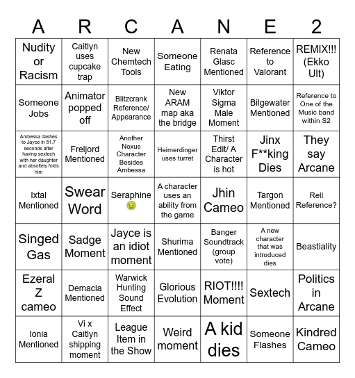 Arcane Season 2 BINGO Card