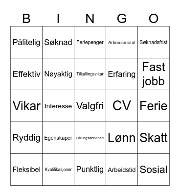 Viktige ord i arbeidslivet Bingo Card
