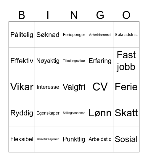 Viktige ord i arbeidslivet Bingo Card