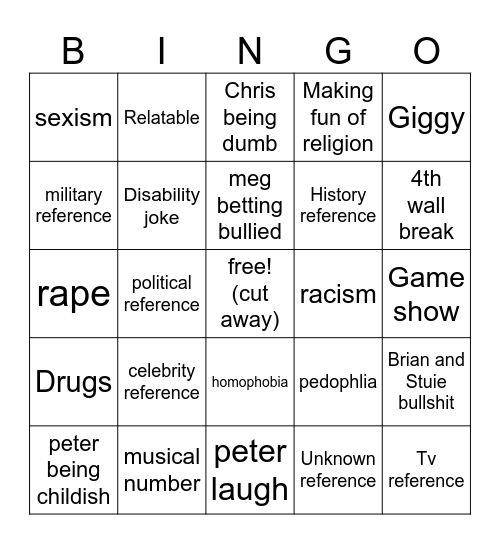 family guy Bingo Card