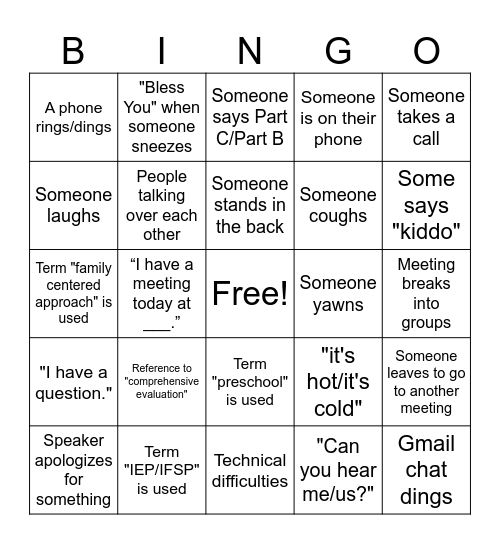 Part C to B Transition PLT Bingo Card