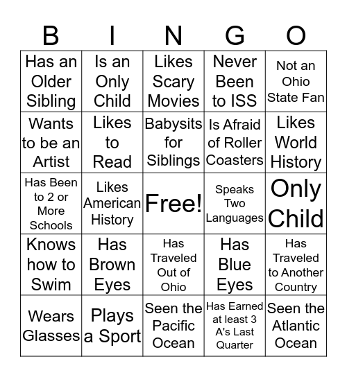 Classmate Bingo Card