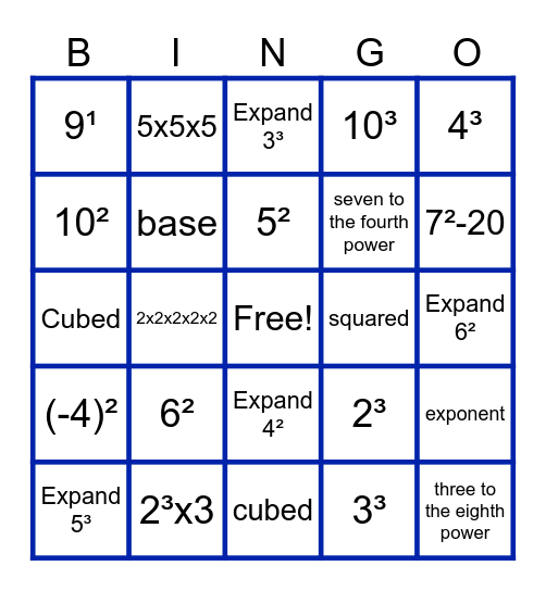 Exponents Bingo Card