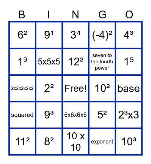 Exponents Bingo Card