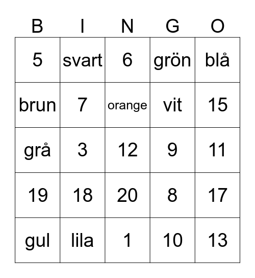 Numerot 1-20 ja värit Bingo Card