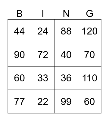 10s, 11s, & 12s Multiplication Bingo Card