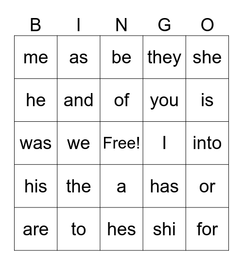 Trick Words Bingo Card