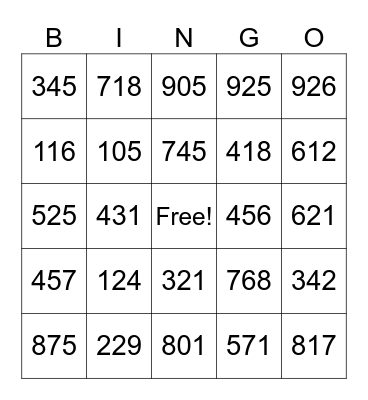 Place Value Bingo Card