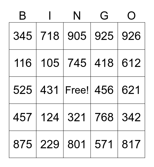 Place Value Bingo Card